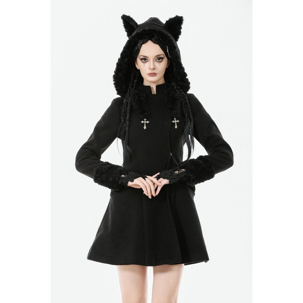 Dark in Love Cat-Ear Faux Fur Trim Gothic A-Line Skater Coat