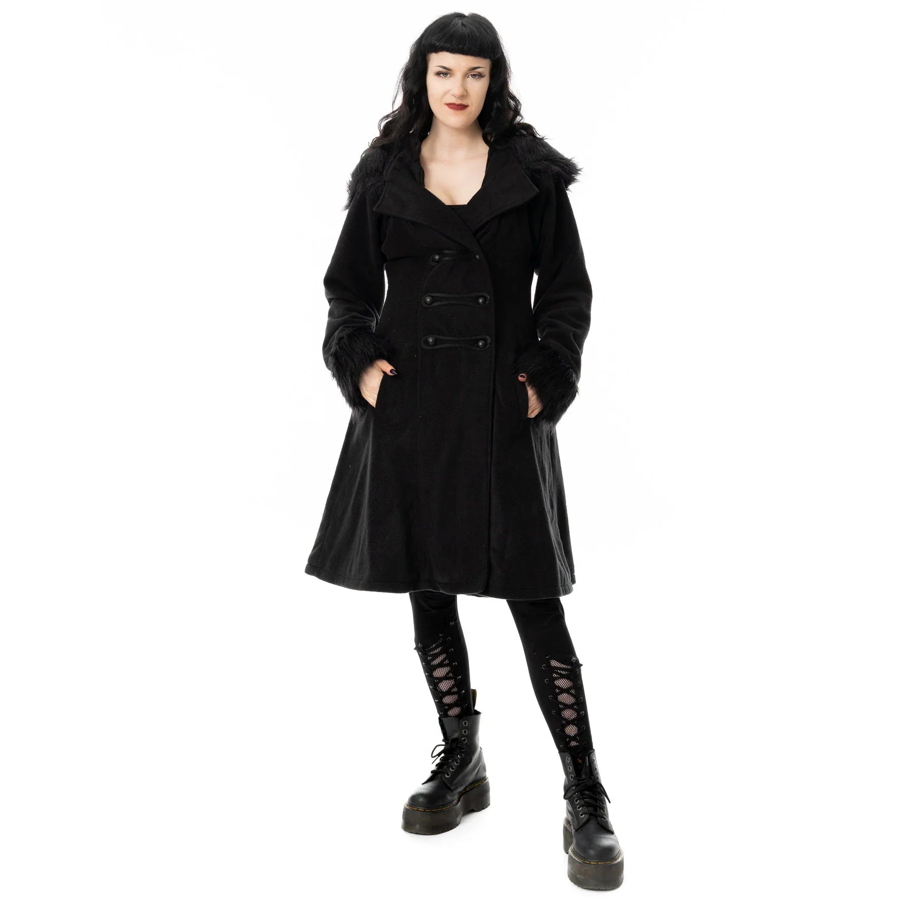 Poizen Industries Eirwen Coat – Black Gothic Faux Fur Winter Jacket