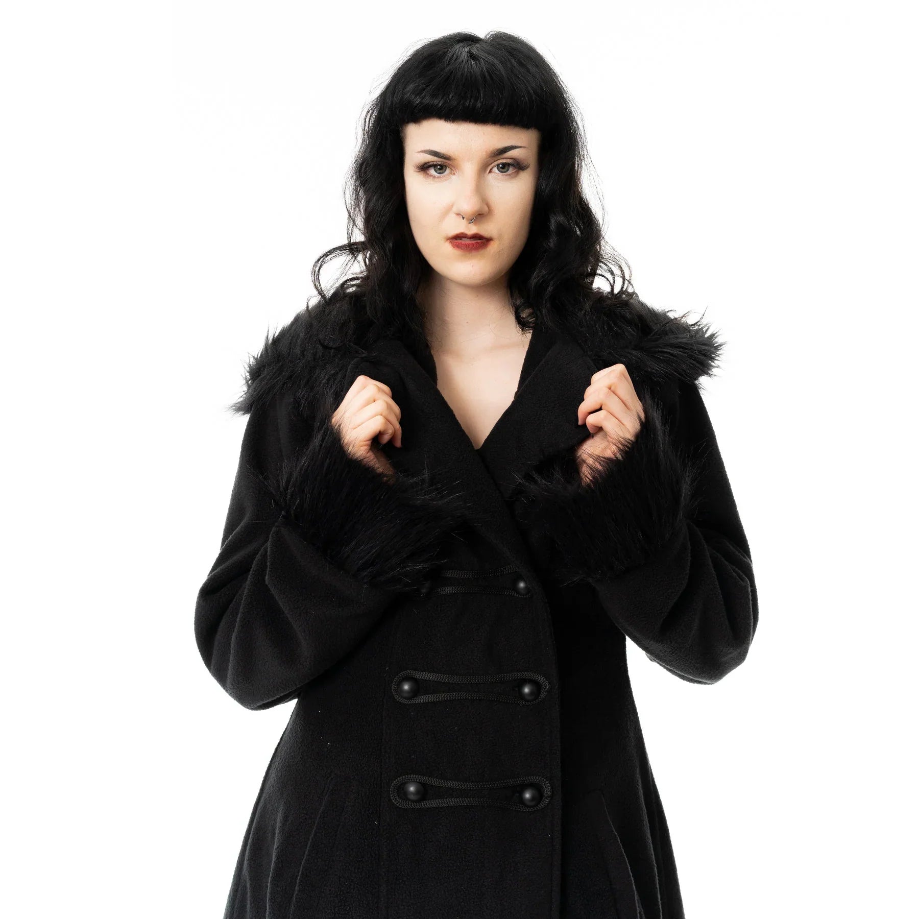 Poizen Industries Eirwen Coat – Black Gothic Faux Fur Winter Jacket