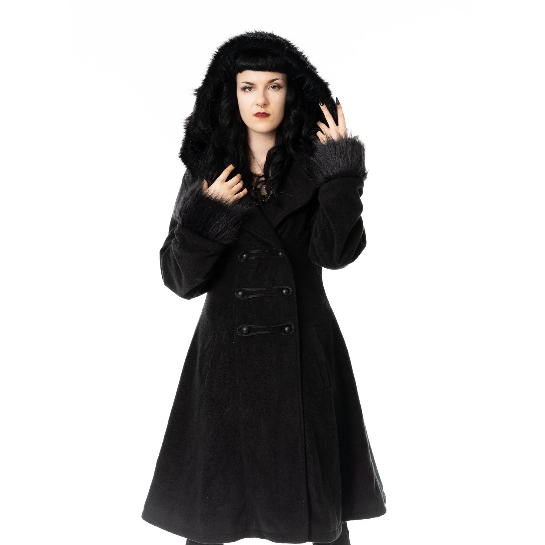 Poizen Industries Eirwen Coat – Black Gothic Faux Fur Winter Jacket
