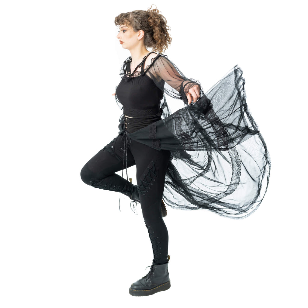 Poizen Industries Eliora Skirt – Black Gothic Sheer Lace Layered Skirt
