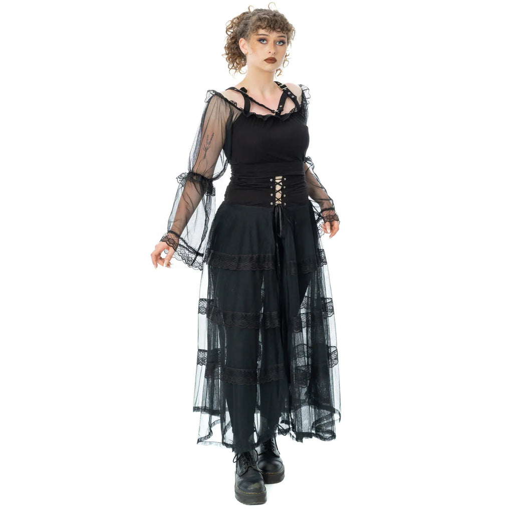 Poizen Industries Eliora Skirt – Black Gothic Sheer Lace Layered Skirt
