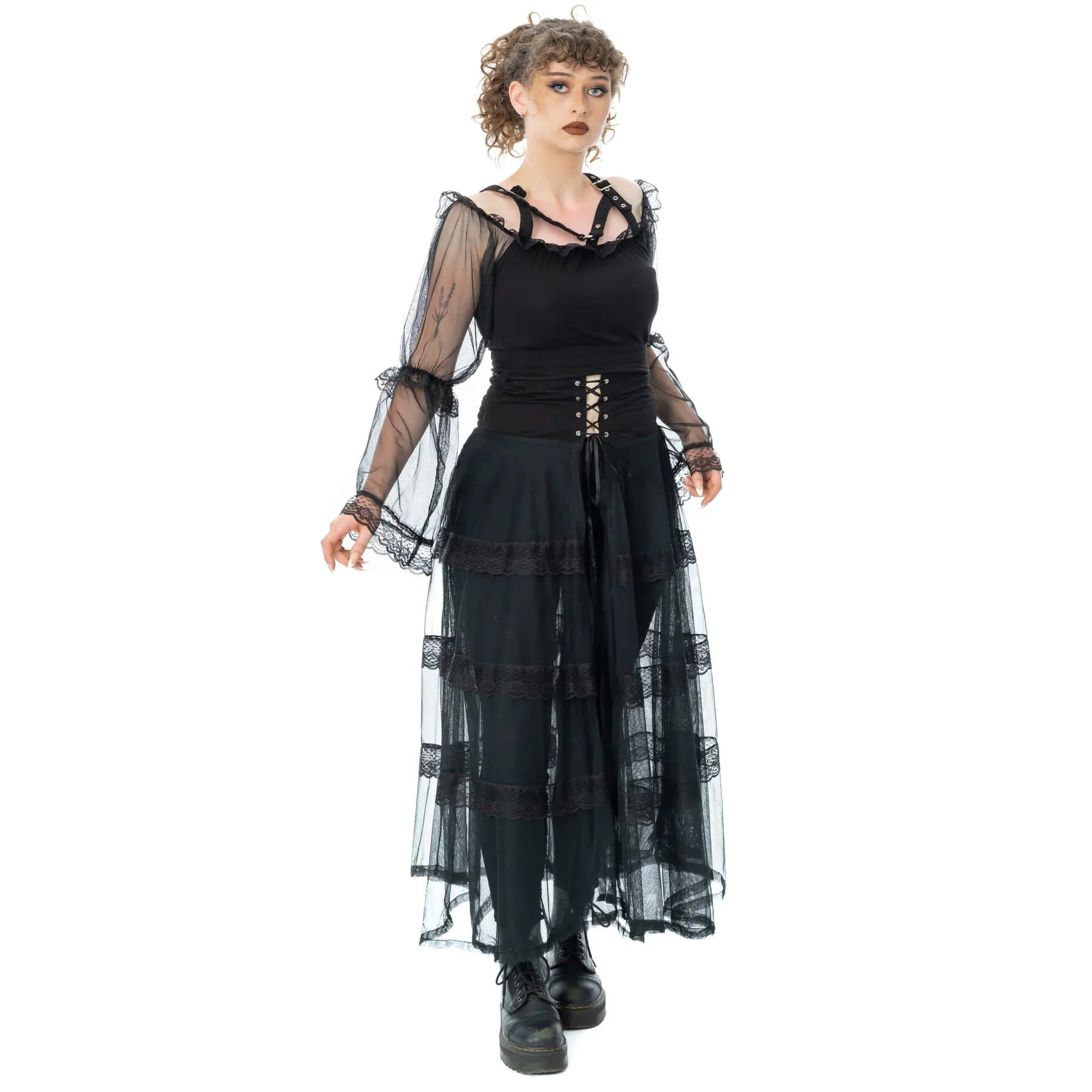 Poizen Industries Eliora Skirt – Black Gothic Sheer Lace Layered Skirt