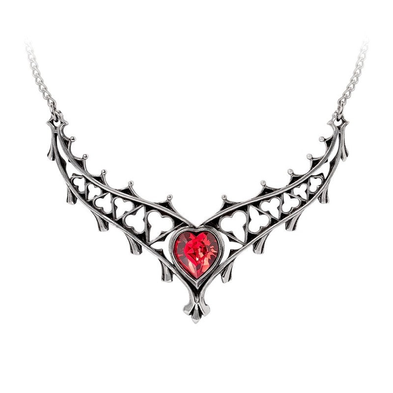 Alchemy Gothic Elizabethan Necklace – Pewter & Red Heart Crystal
