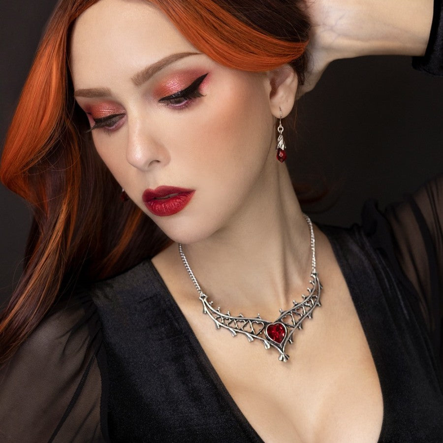 Alchemy Gothic Elizabethan Necklace – Pewter & Red Heart Crystal