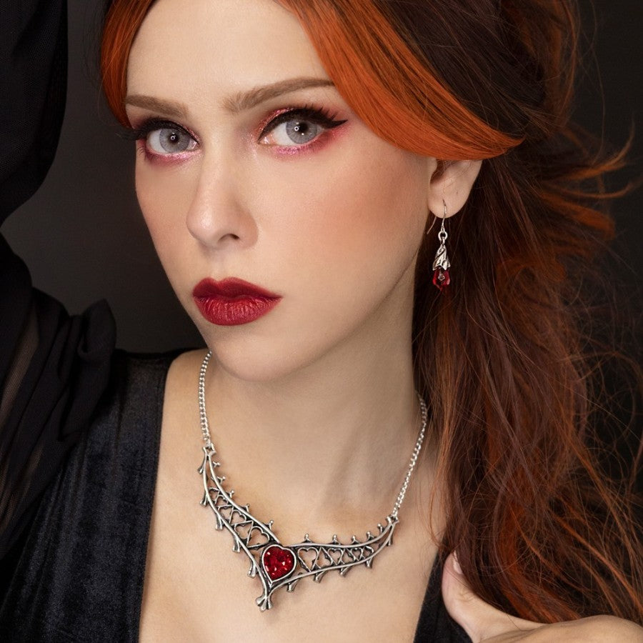 Alchemy Gothic Elizabethan Necklace – Pewter & Red Heart Crystal