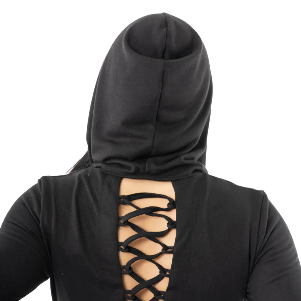Innocent Lifestyle Emerson Black Hooded Cardigan with Lace Up Detail