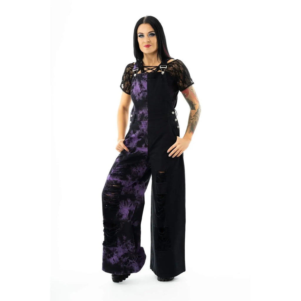 Vixxsin Ever Dungarees – Black and Purple Tie Dye Distressed Denim