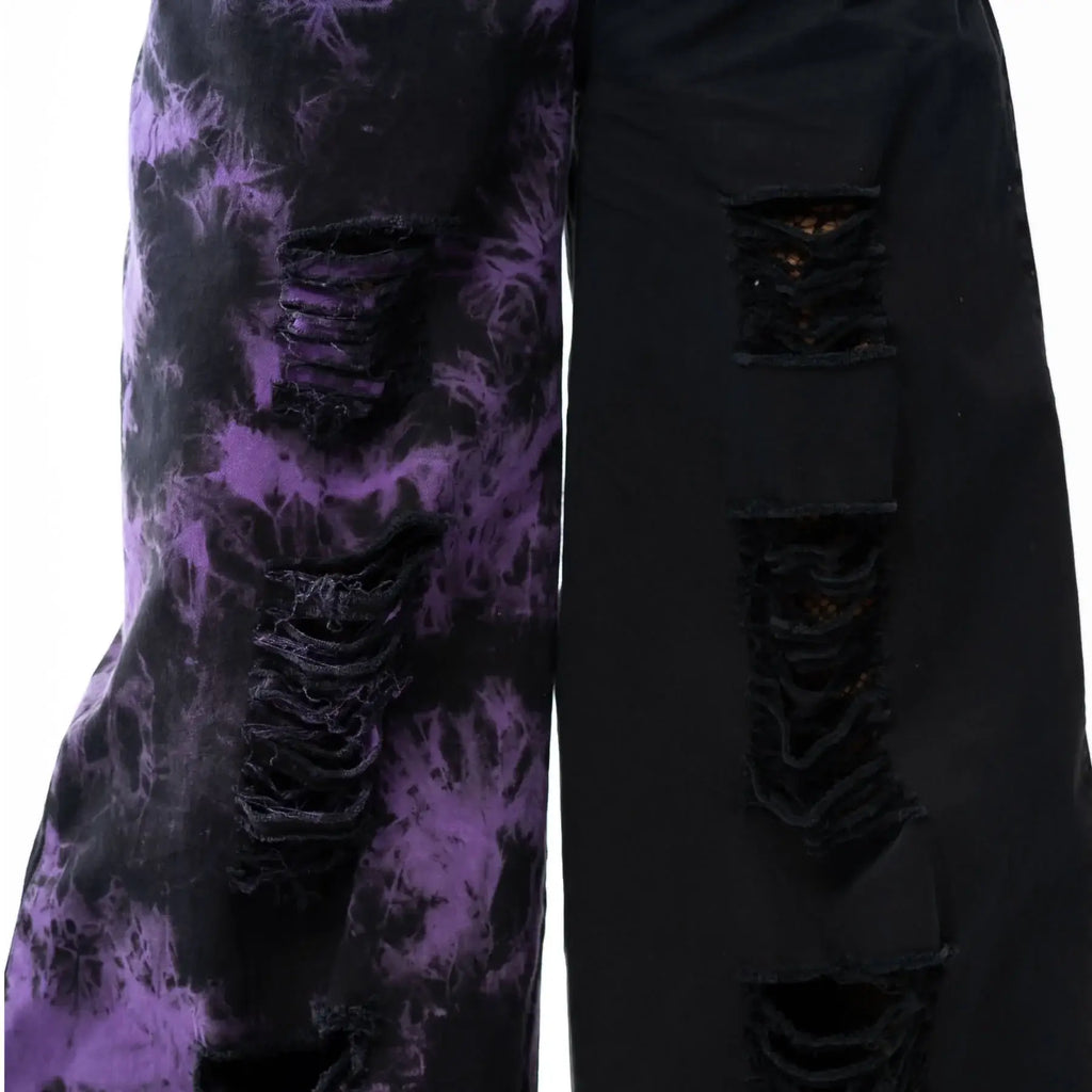 Vixxsin Ever Dungarees – Black and Purple Tie Dye Distressed Denim