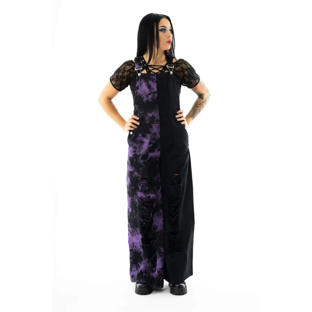 Vixxsin Ever Dungarees – Black and Purple Tie Dye Distressed Denim