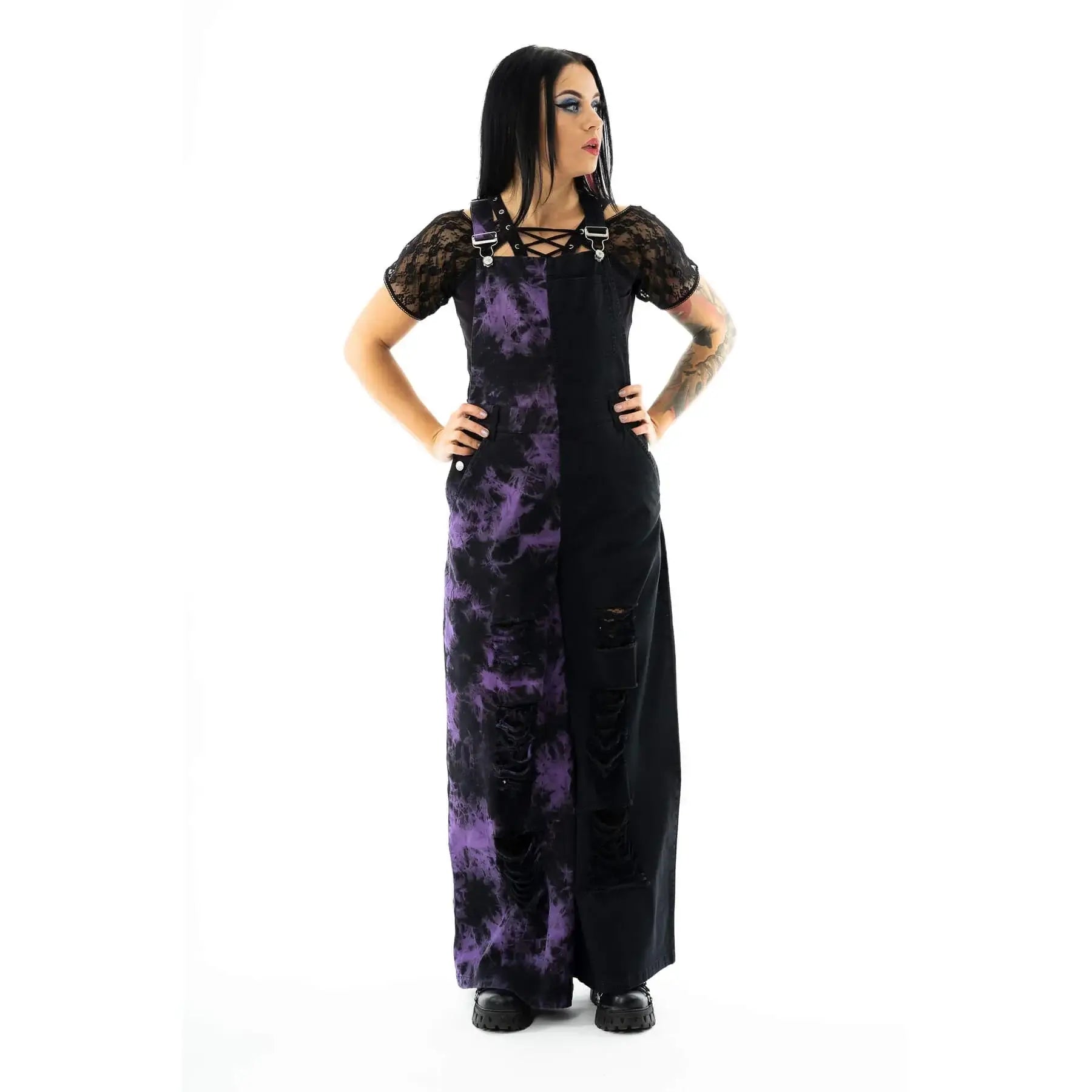 Vixxsin Ever Dungarees – Black and Purple Tie Dye Distressed Denim