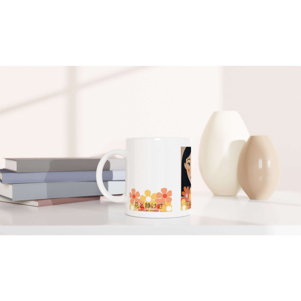 Flowers & Stillness Mug – Japanese Portrait Ceramic Coffee Cup – Tranquil Floral Gift for Tea or Coffee Lovers