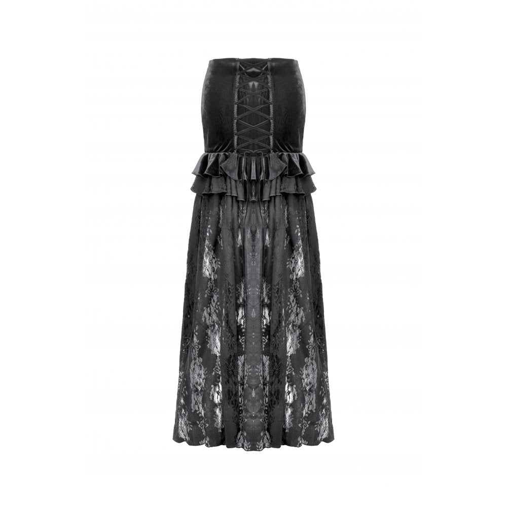 Dark in Love Gothic Lace Velvet Layered Maxi Skirt – Black Victorian