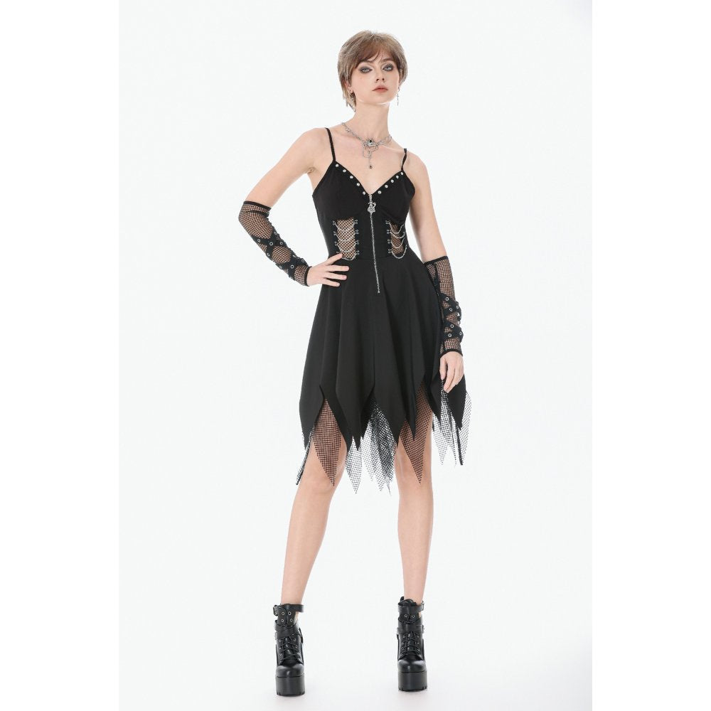 Dark in Love Black Punk Sleeveless Dress with Chains and Mesh