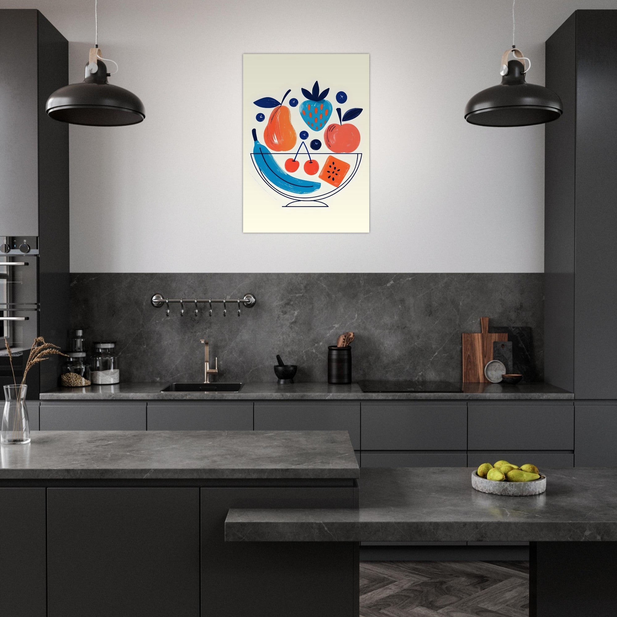 Modern Fruit Bowl Poster - Scandinavian Kitchen Wall Art - Colorful Food Illustration Print