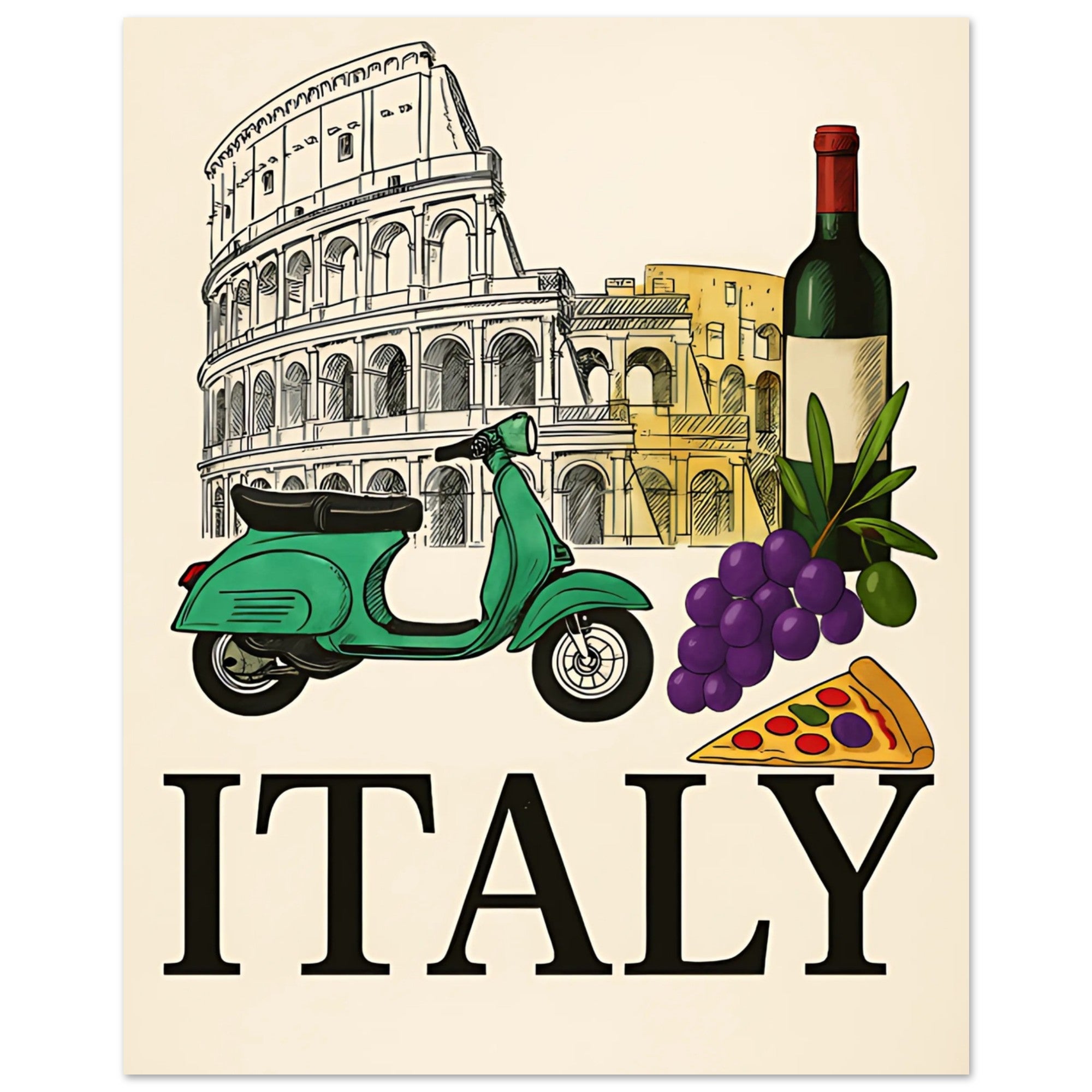 Vintage Italy Travel Poster - Vespa, Pizza & Wine - Italian Home Decor