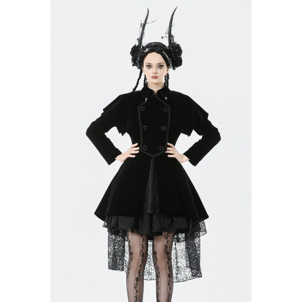 Dark in Love Lilith Officer Velvet Coat – Black Gothic High-Low Jacket
