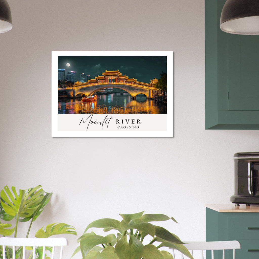 Moonlit River Crossing Poster - Illuminated Bridge Night Scene - Modern Landscape Wall Art Print