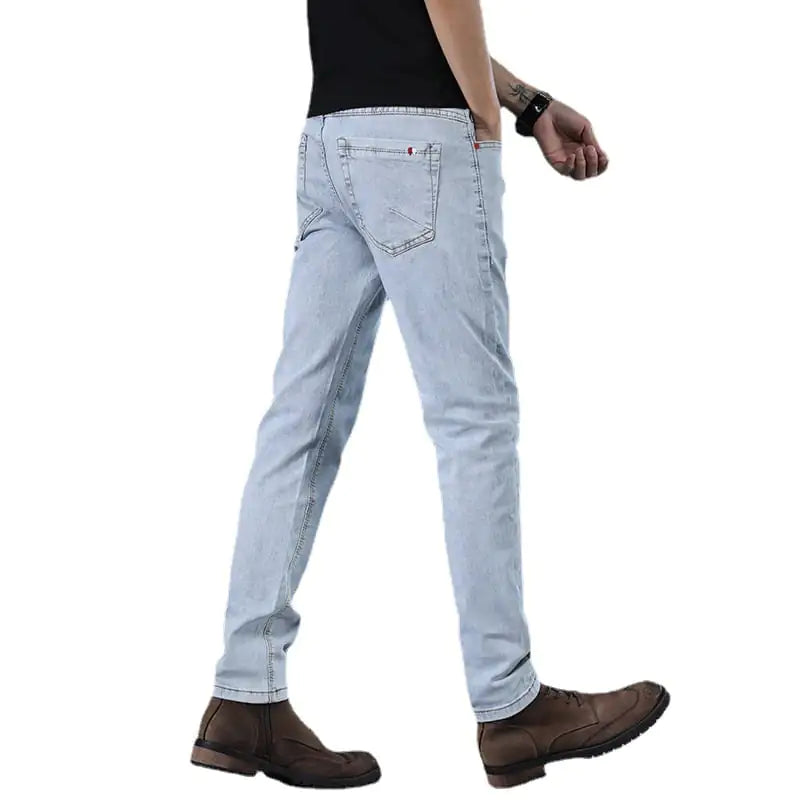 Men’s Slim Fit Casual Stretch Jeans – Korean Style Mid-Waist Trousers – Grey & Light Blue