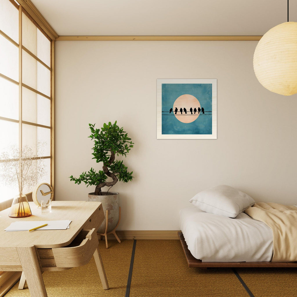 Birds on a Wire Wooden Wall Art - Minimalist Sunset Silhouette Print - Rustic Home Decor