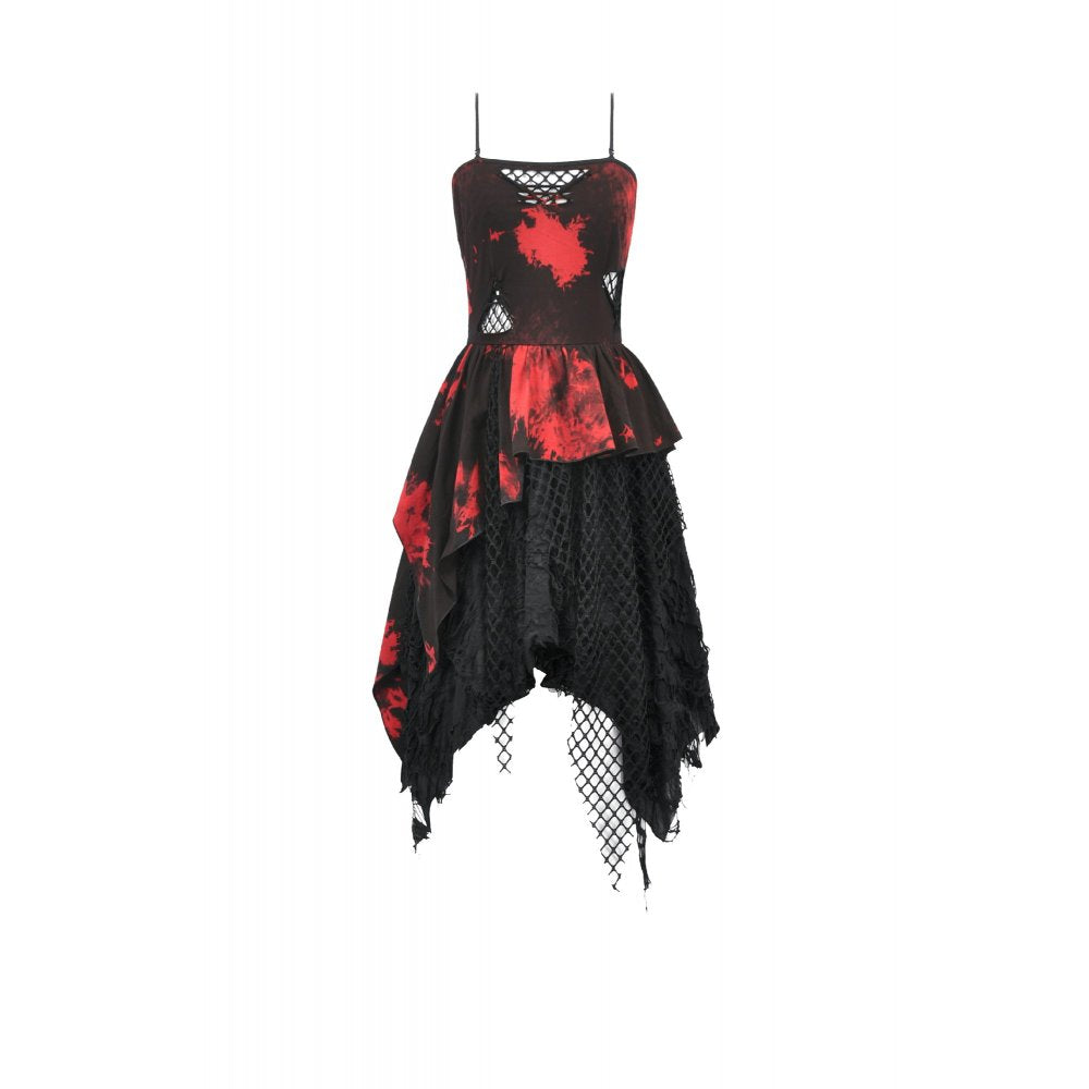 Dark in Love Red & Black Tie Dye Punk Dress | Asymmetric Mesh Goth Style