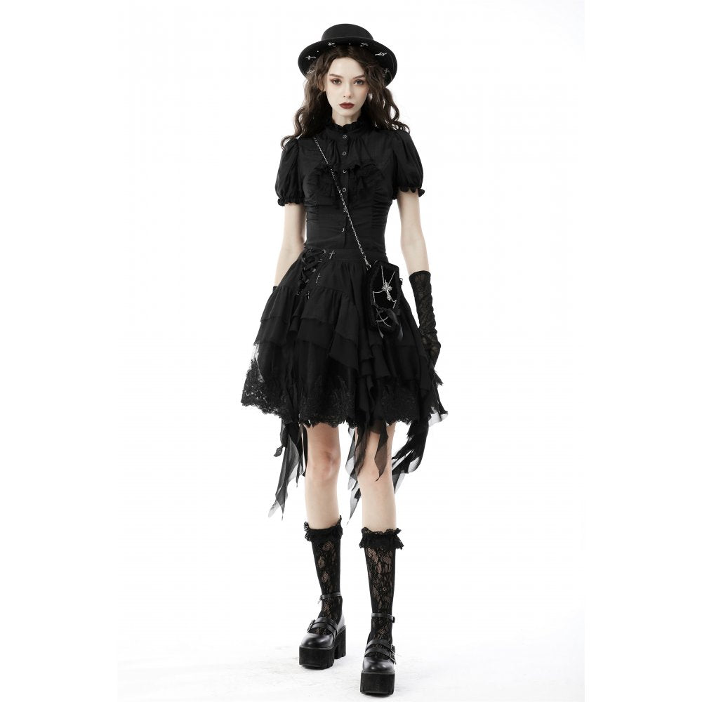 Dark In Love Sinead Black Gothic Blouse – Short Puff Sleeve Ruffle Collar