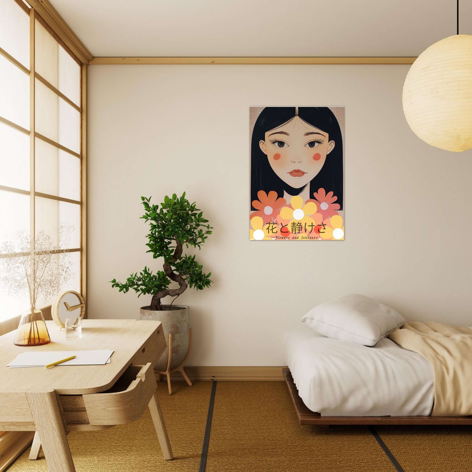Flowers & Stillness: Japanese Portrait Art Print - Stunning Matte Poster for Home Decor