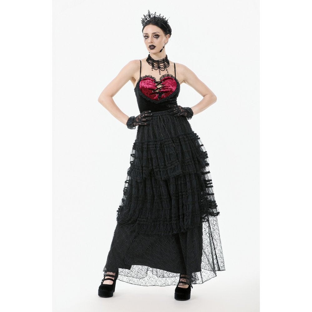 Dark in Love Morticia Gothic Velvet & Lace Tiered Skirt in Black