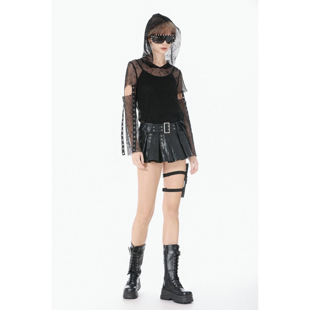 Dark in Love Punk Mesh Hollow-Out Hooded Top – Black Gothic Layer