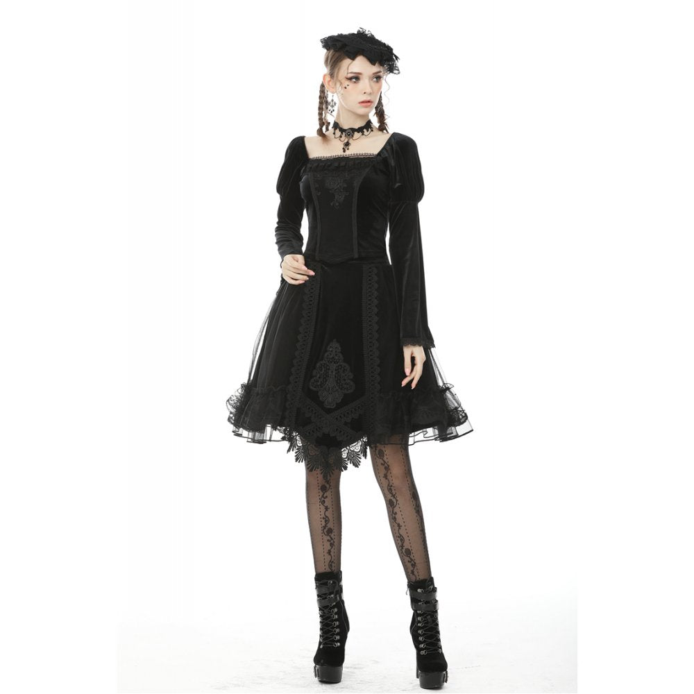 Dark in Love Melisandre Embroidered Velvet Mesh Goth Skirt - Black