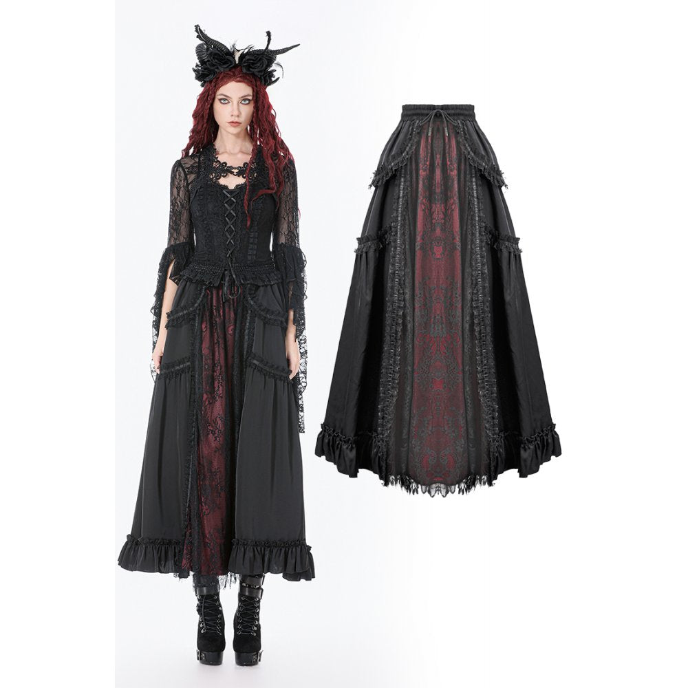Dark in Love Gothic Victorian Crimson Lace Panel Maxi Skirt