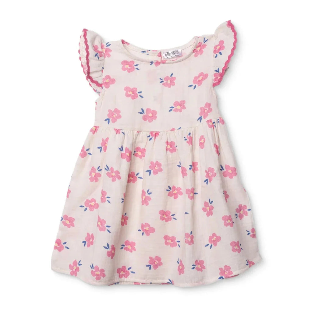 HelloBaby Girls Dress Floral Print Ditsy Flower Crew Neck Short Sleeve - Ecru Printed