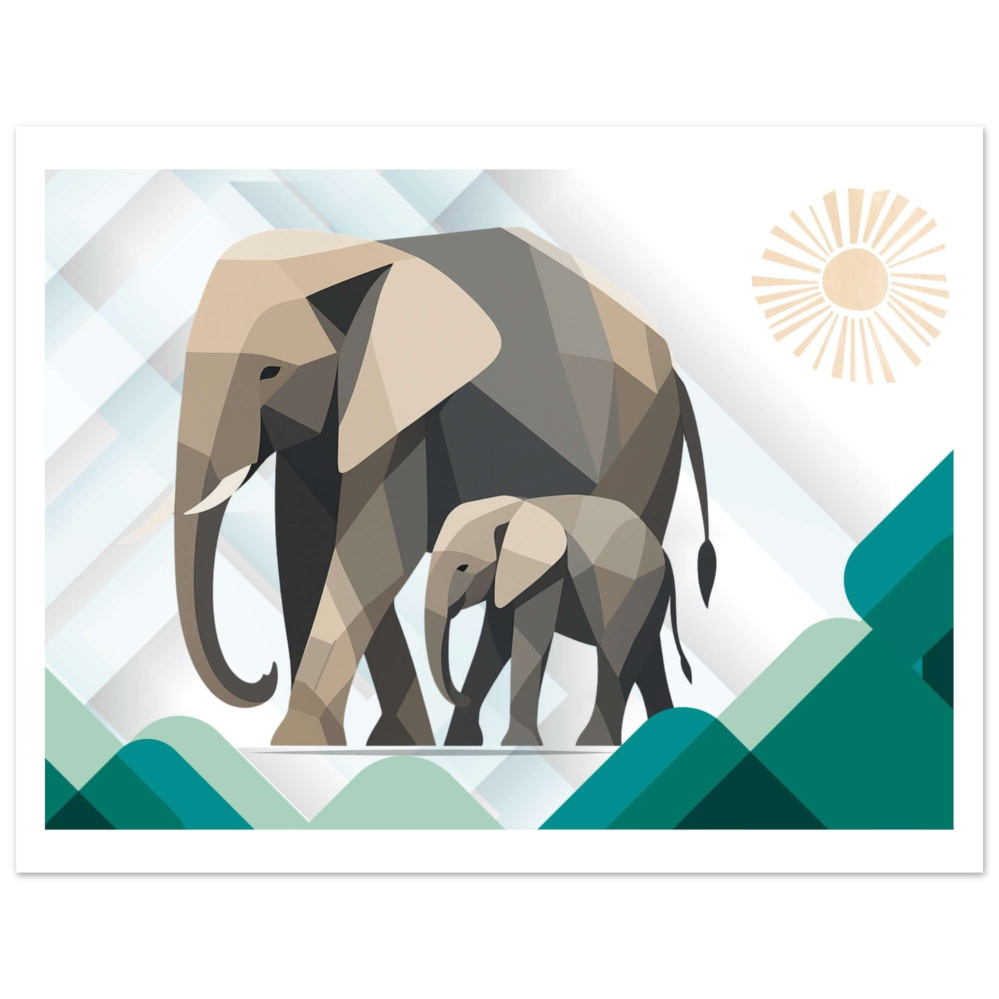 Elephant Duo Wall Art - Neutral Geometric Wildlife Illustration - Eco-Friendly Poster