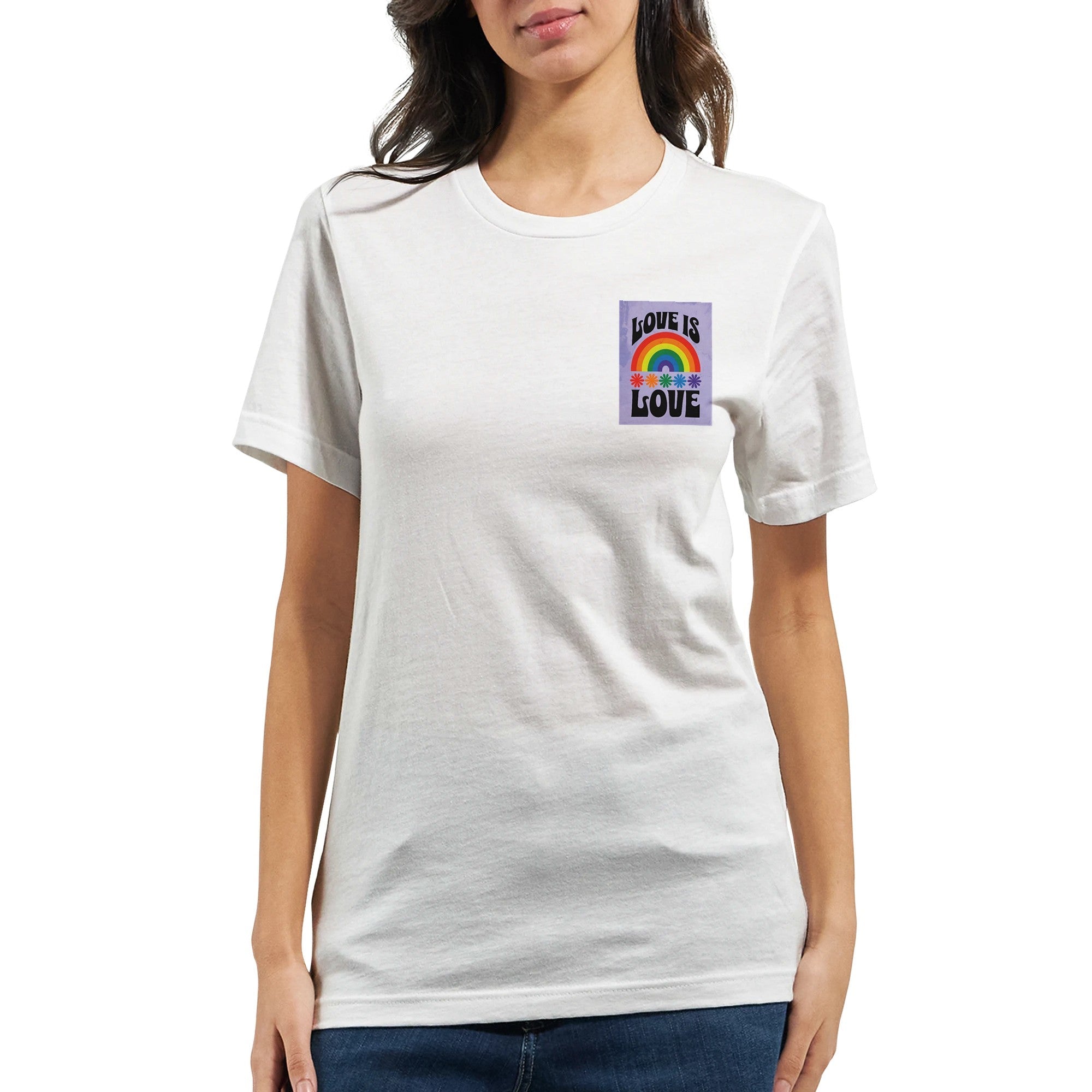 Love Is Love T-Shirt – Retro LGBTQ+ Pride Tee | Bella + Canvas 3001 Premium Unisex Crewneck | Rainbow Pocket Print Gift for All