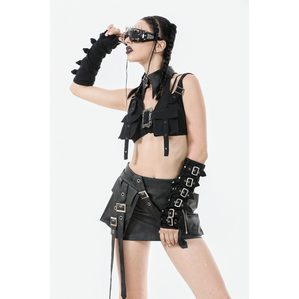 Dark in Love Evangeline Buckled Utility Crop Top - Black Goth Darkwear