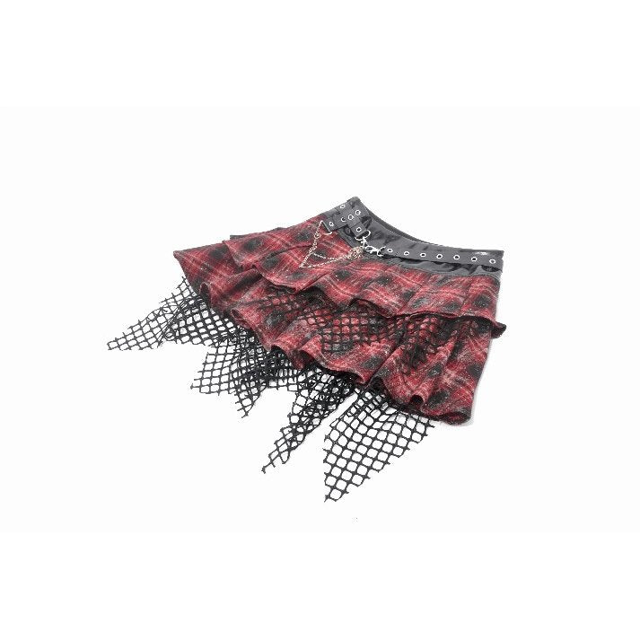 Dark in Love Linnea Red Plaid and Mesh Layered Punk Mini Skirt