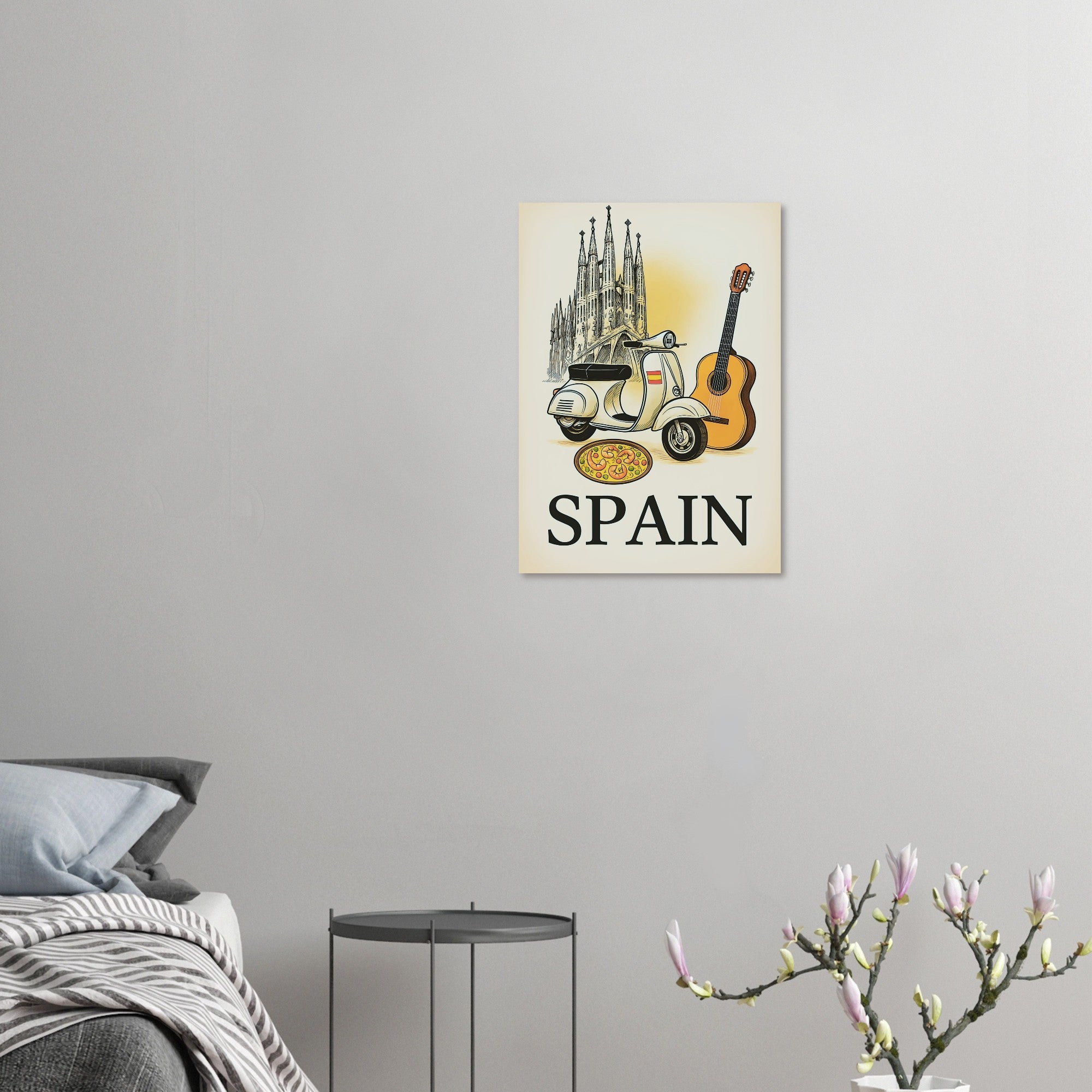 Vintage Spain Travel Poster – Guitar & Paella Wall Art – Spanish Home Decor