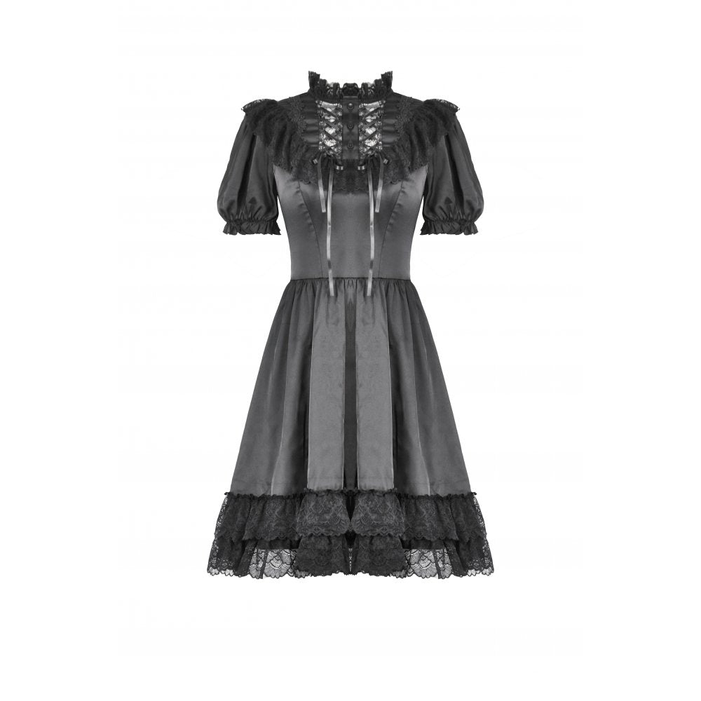 Dark in Love Belladonna Goth Dress – Black Lace-Up Puff Sleeve