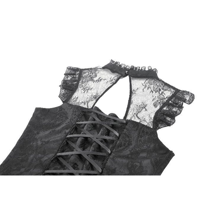 Dark in Love Seraphina Ruched Lace Goth Blouse - Black Satin