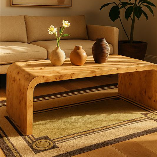 Orsina Mota Natural Burl Wood Curved Coffee Table – Japandi Style