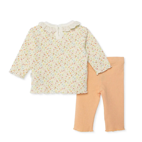 Bebetto Girls Sweatshirt & Footless Bottom Set Floral Print House Of Birds Frill Neck Full Length Lo - Salmon