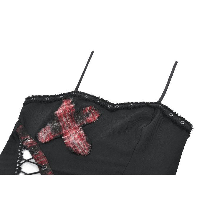 Dark in Love Punk Plaid Cross Strap Top – Red Tartan Corset Style