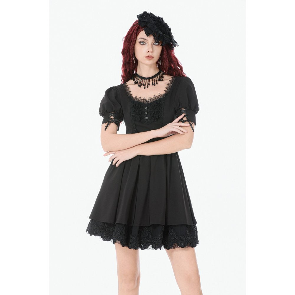 Dark in Love Gothic Lace Square-Neck Puff Sleeve Dress – Black