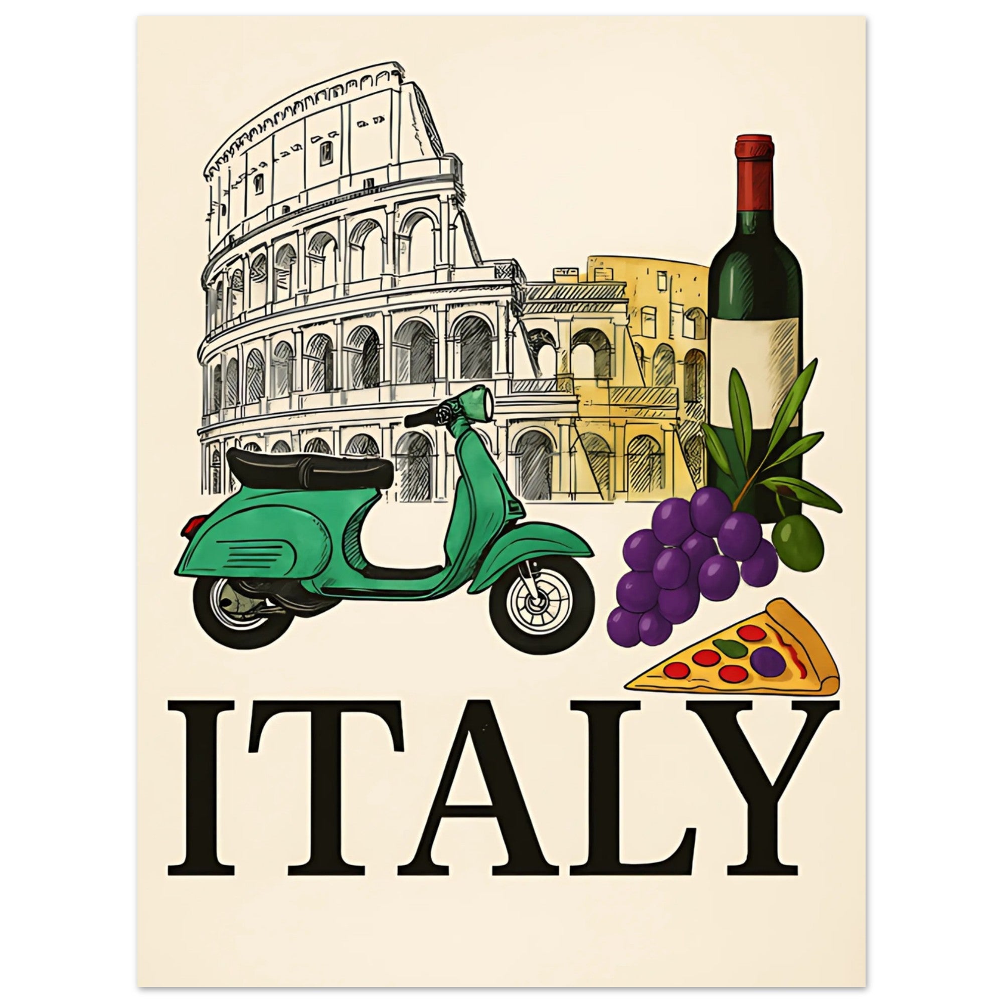 Vintage Italy Travel Poster - Vespa, Pizza & Wine - Italian Home Decor