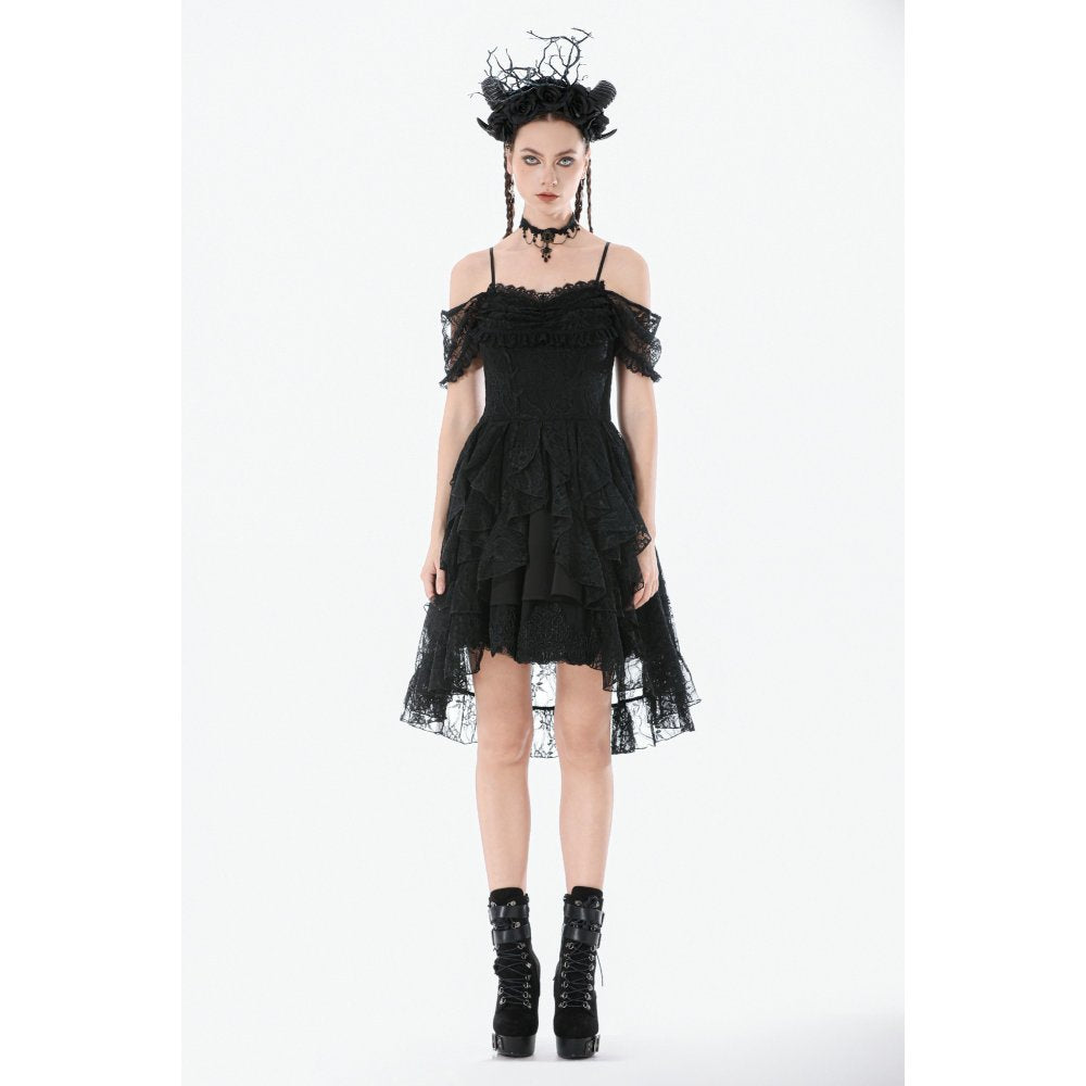 Dark in Love Gothic Lace High-Low Dress – Black Off-Shoulder Gown