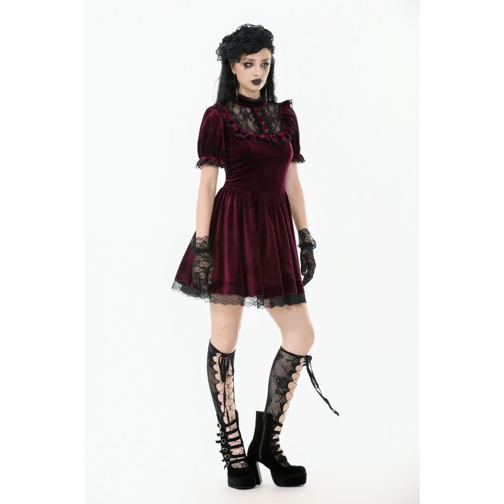 Dark in Love Ophelia Burgundy Velvet Goth Dress with Lace Collar