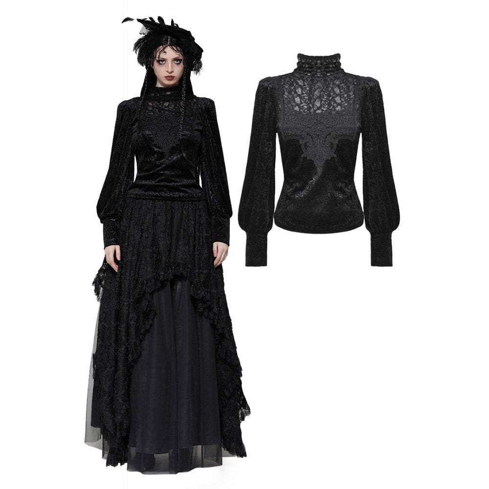 Dark in Love Cyra Gothic Jacquard Velvet Bell Sleeve Turtle Neck Top