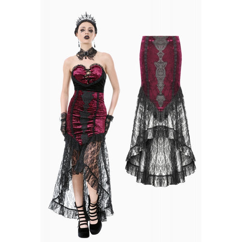 Dark in Love Crimson Queen High-Low Goth Skirt – Burgundy Velvet & Lace