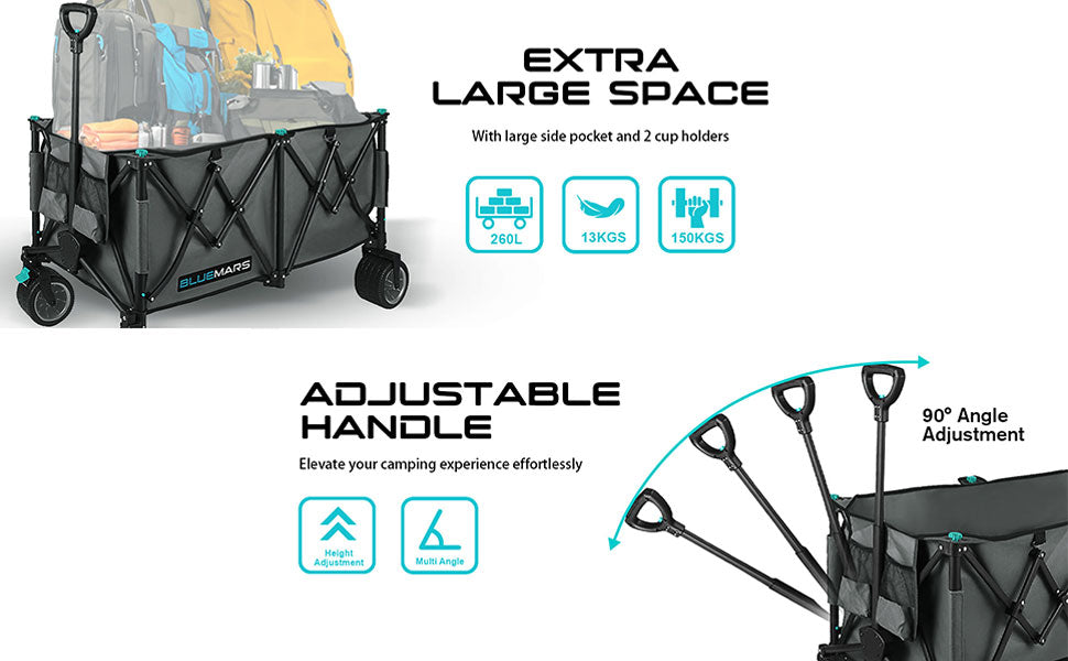Bluemars Collapsible Garden Wagon | 150kg Heavy Duty Folding Trolley