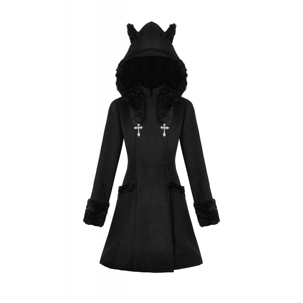 Dark in Love Cat-Ear Faux Fur Trim Gothic A-Line Skater Coat